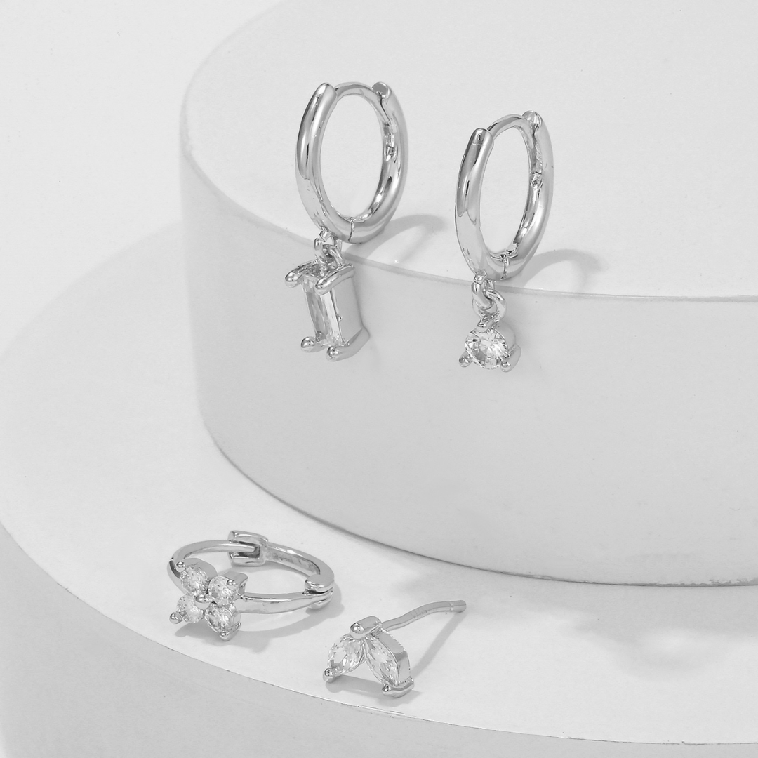 Crystal Flower Stud & Hoop Earrings Set
