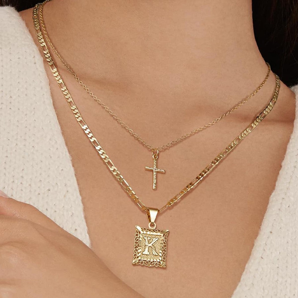 2pc 14k Initial & Cross Layered Necklace Set