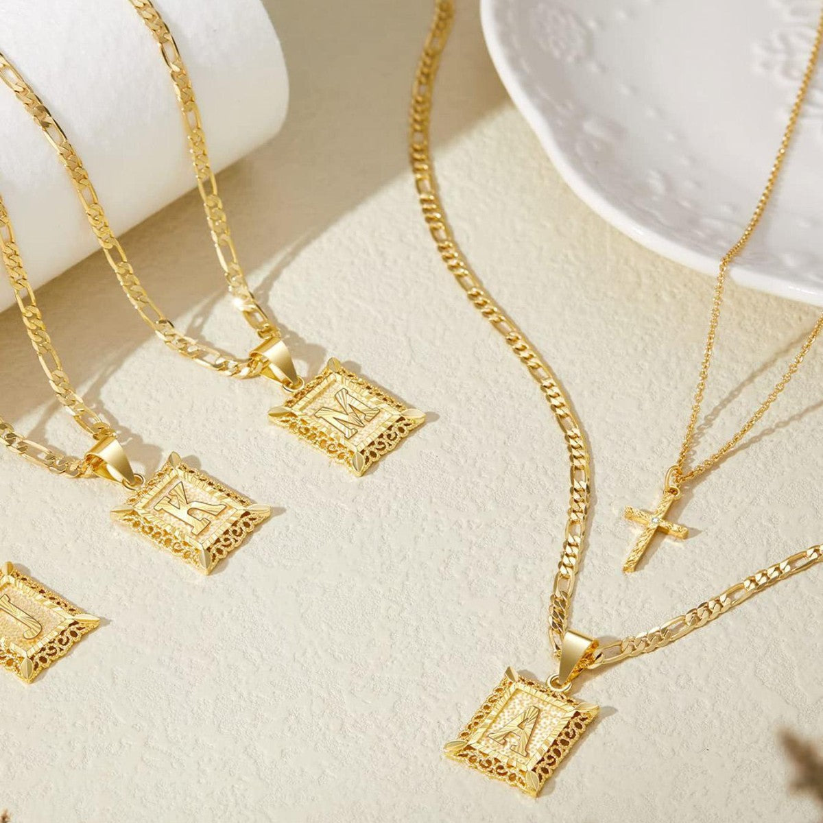 2pc 14k Initial & Cross Layered Necklace Set