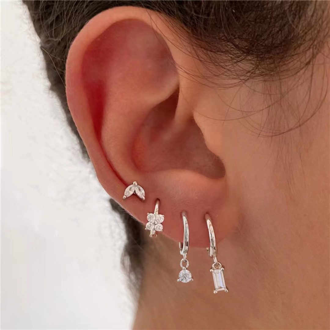 Crystal Flower Stud & Hoop Earrings Set