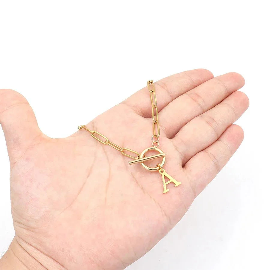 Paperclip Initial Circle Lock Clasp Necklace